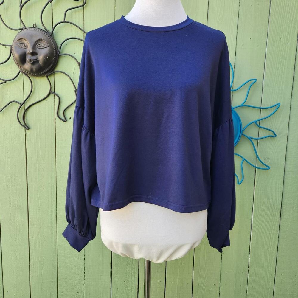 Navy Blue INA Long Sleeve French Terry Puff Sleeve Top